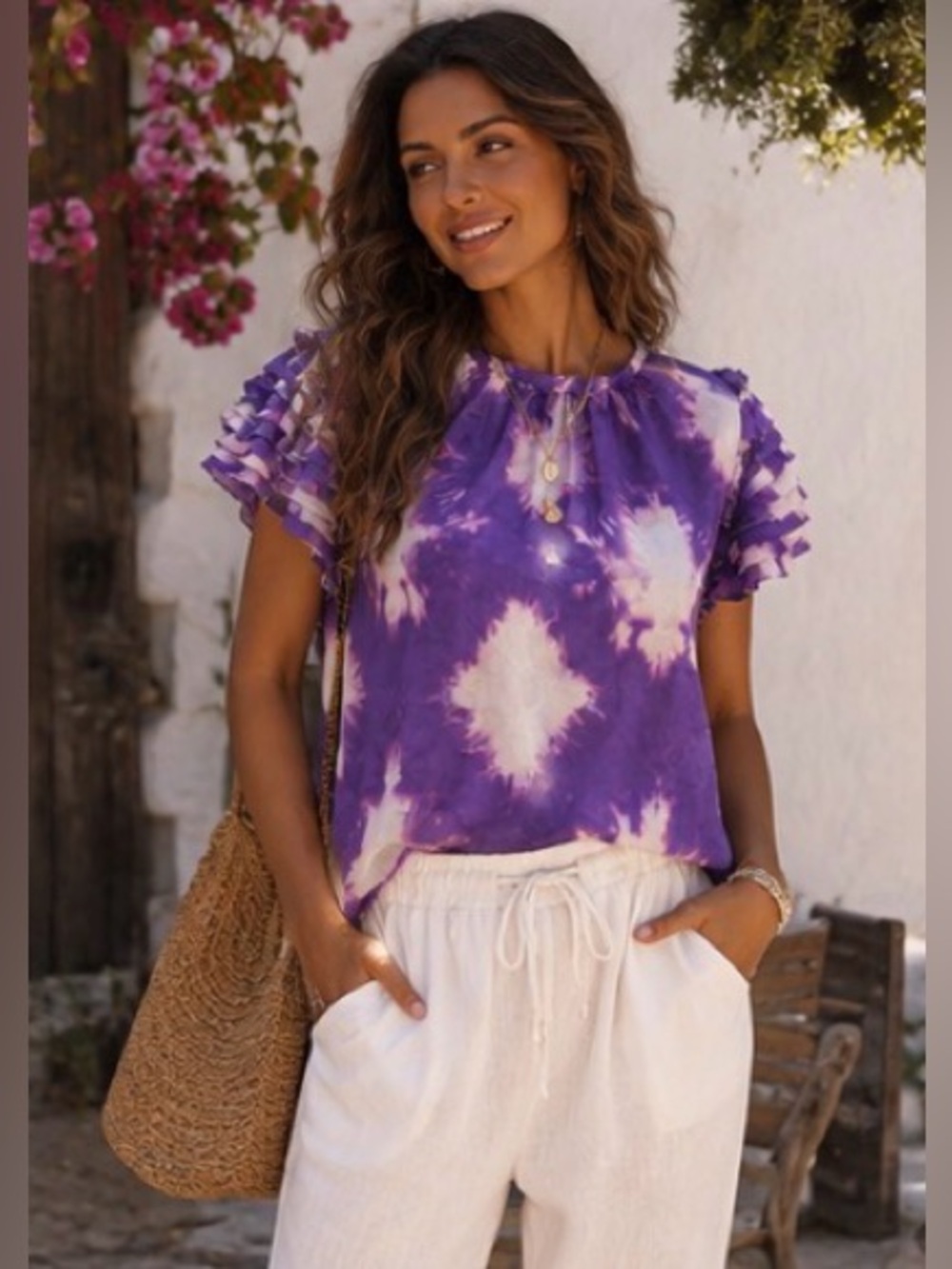 Ulla Johnson Ruffle Sleeve tie-dye Micaela silk Top (in Cassis Blur) old money